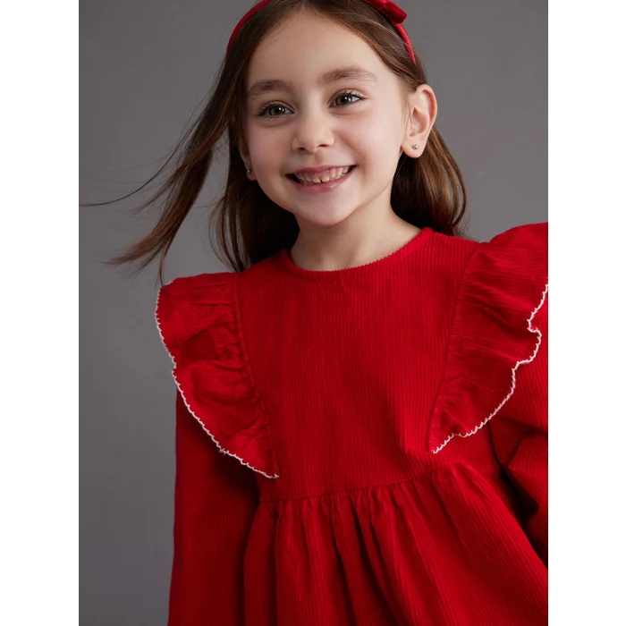 LCW Kids Kırmızı Bisiklet Yaka Kadife Kız Çocuk Elbise