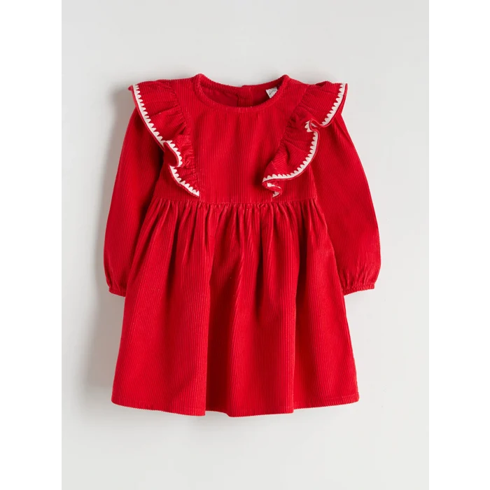 LCW Kids Kırmızı Bisiklet Yaka Kadife Kız Çocuk Elbise