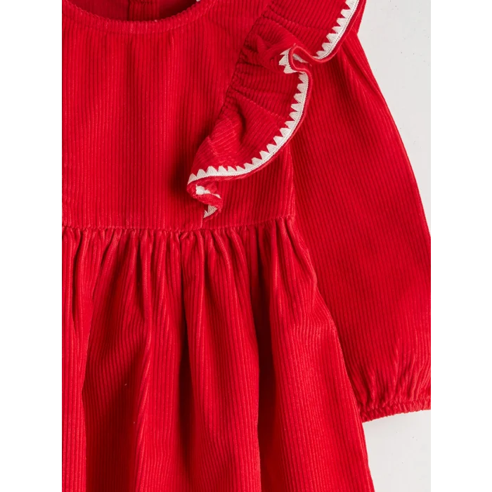 LCW Kids Kırmızı Bisiklet Yaka Kadife Kız Çocuk Elbise
