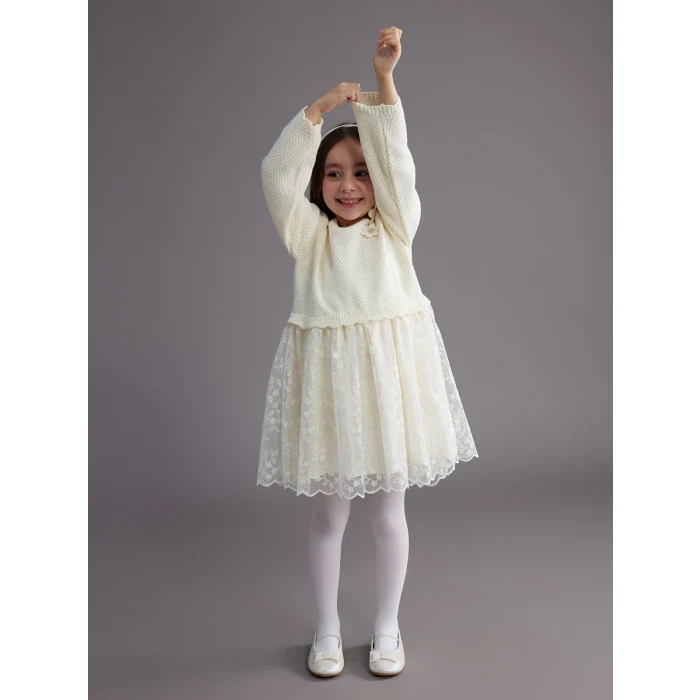 LCW Kids Ekru Çiçek Aplikeli Kız Çocuk Tüllü Elbise