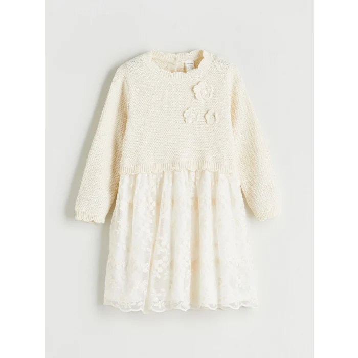LCW Kids Ekru Çiçek Aplikeli Kız Çocuk Tüllü Elbise
