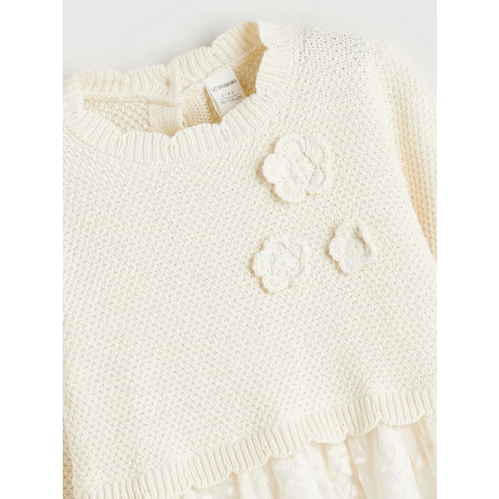 LCW Kids Ekru Çiçek Aplikeli Kız Çocuk Tüllü Elbise