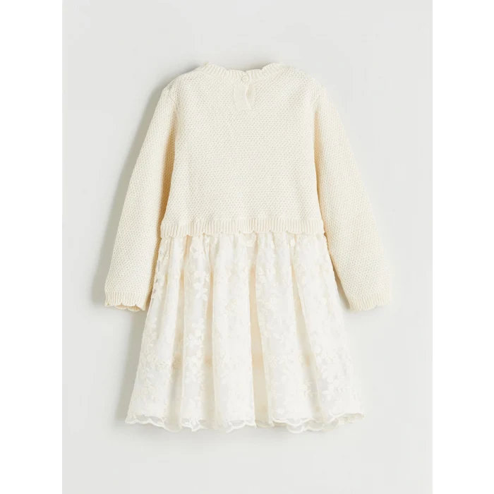 LCW Kids Ekru Çiçek Aplikeli Kız Çocuk Tüllü Elbise