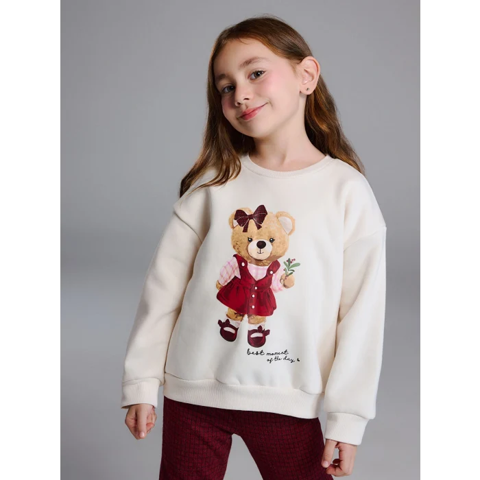 LCW Kids Ekru Ayıcık Baskılı Kız Çocuk Sweatshirt ve Tayt Pantolon 2li