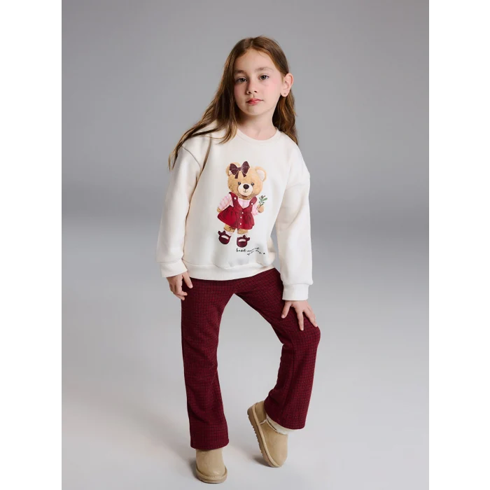 LCW Kids Ekru Ayıcık Baskılı Kız Çocuk Sweatshirt ve Tayt Pantolon 2li