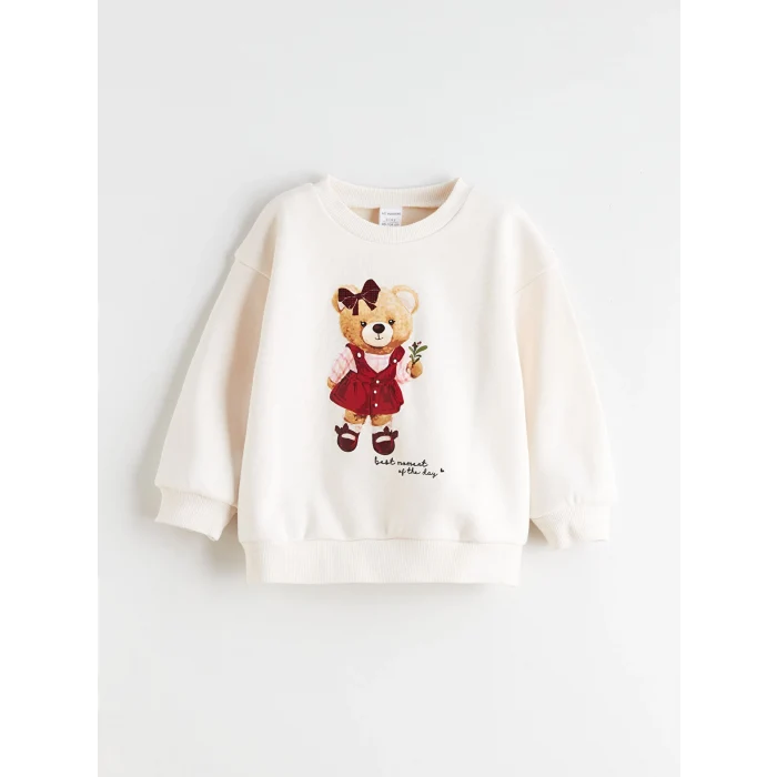 LCW Kids Ekru Ayıcık Baskılı Kız Çocuk Sweatshirt ve Tayt Pantolon 2li