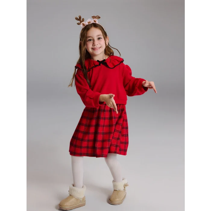 LCW Kids Kırmızı Ekose Desenli Kız Çocuk Elbise