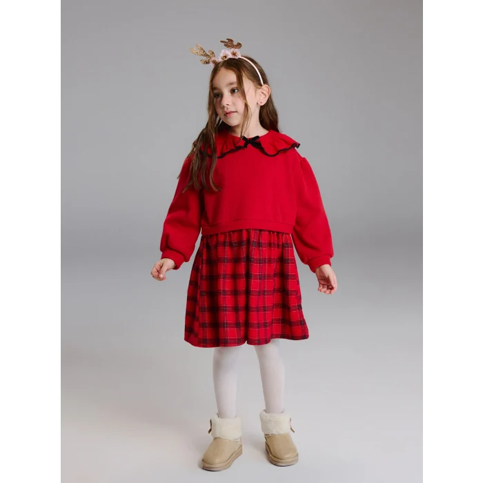 LCW Kids Kırmızı Ekose Desenli Kız Çocuk Elbise