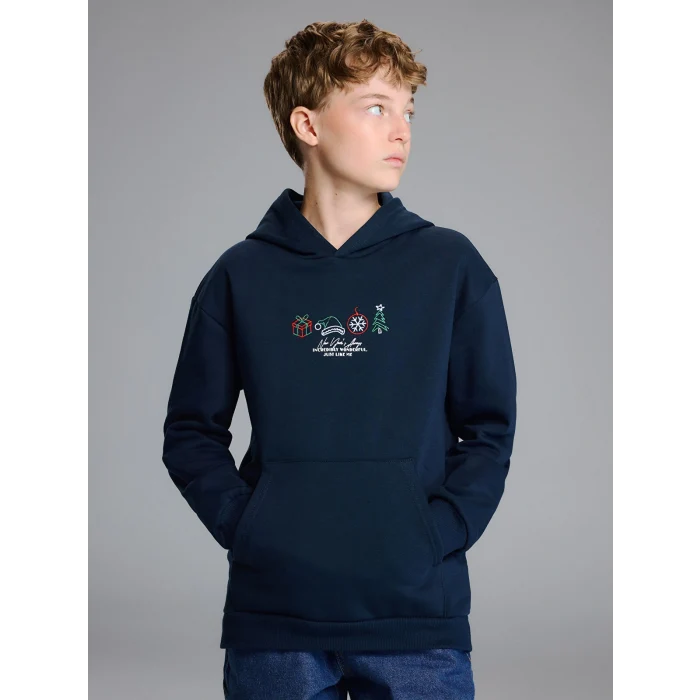 LCW Kids Lacivert Kapüşonlu Yılbaşı Temalı Erkek Çocuk Sweatshirt