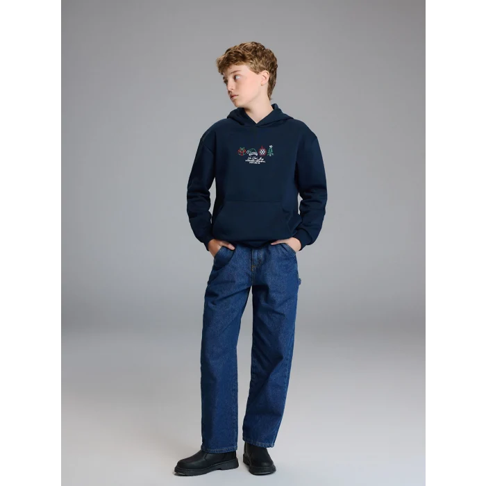 LCW Kids Lacivert Kapüşonlu Yılbaşı Temalı Erkek Çocuk Sweatshirt