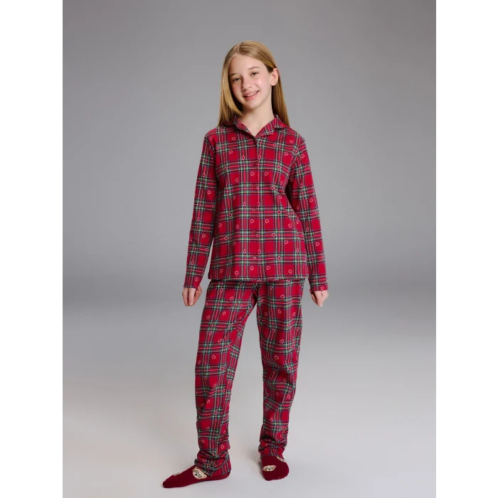 LCW Kids Kırmızı Ekose Desenli Kız Çocuk Pijama Takımı