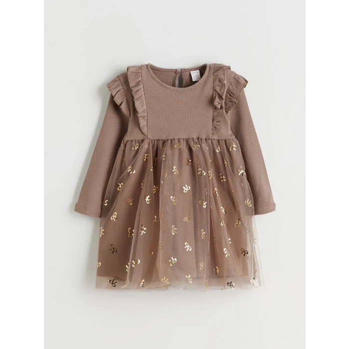 LCW baby Kahverengi Bisiklet Yaka Kız Bebek Tütü Elbise