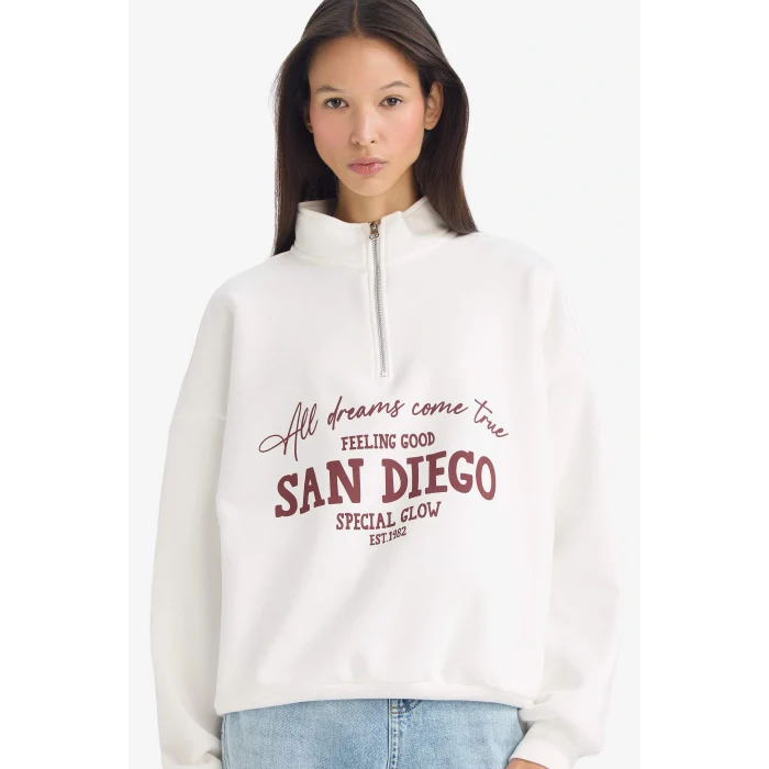 Defacto G5665AXWT32 Beyaz Oversize Geniş Kalıp Yarım Fermuarlı Baskılı Kalın Sweatshirt