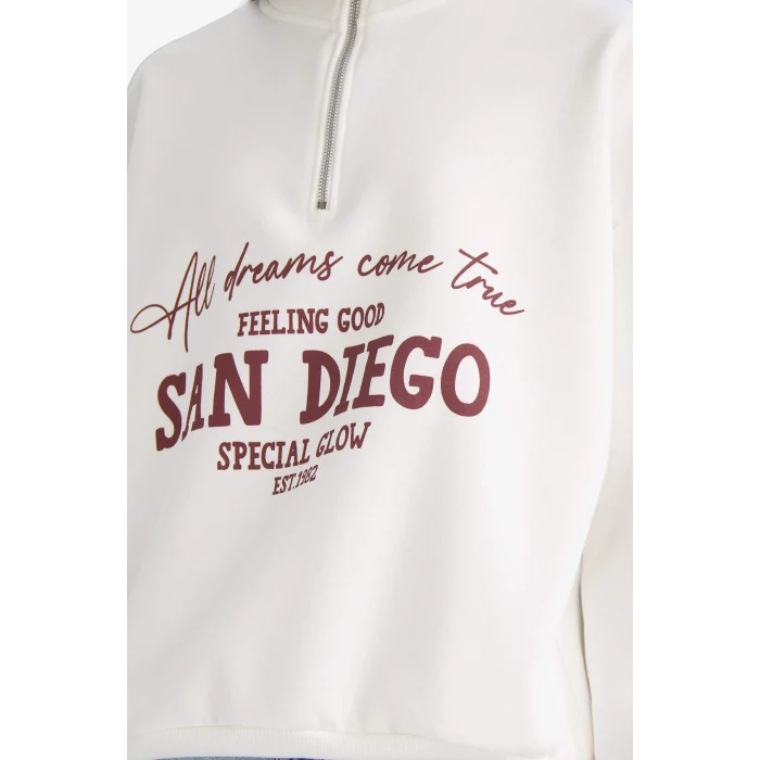 Defacto G5665AXWT32 Beyaz Oversize Geniş Kalıp Yarım Fermuarlı Baskılı Kalın Sweatshirt