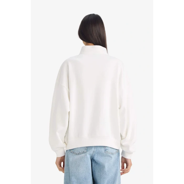 Defacto G5665AXWT32 Beyaz Oversize Geniş Kalıp Yarım Fermuarlı Baskılı Kalın Sweatshirt