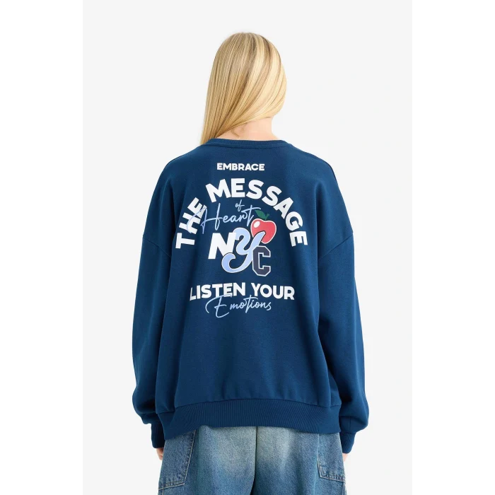 Defacto G5492AXNV1 Lacivert Oversize Geniş Kalıp Bisiklet Yaka Sırt Baskılı Sweatshirt