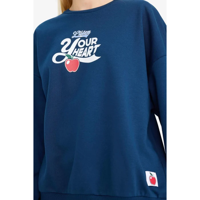 Defacto G5492AXNV1 Lacivert Oversize Geniş Kalıp Bisiklet Yaka Sırt Baskılı Sweatshirt