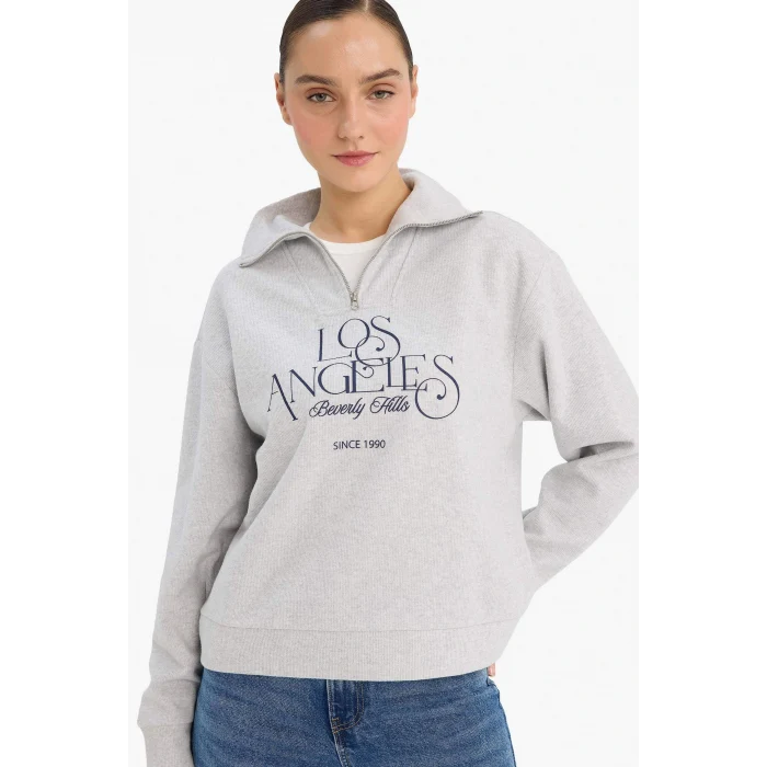 Defacto G6692AXGR93 Gri Regular Fit Yarım Fermuarlı Baskılı Sweatshirt