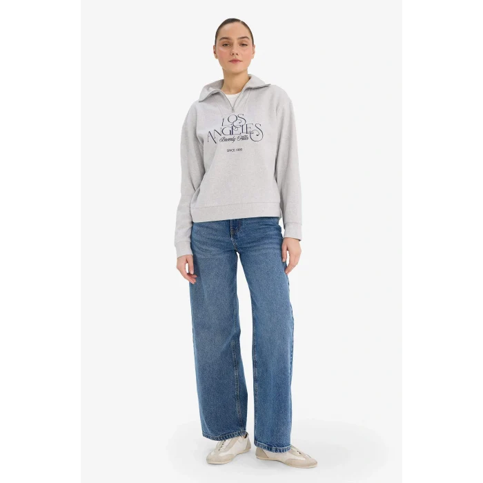 Defacto G6692AXGR93 Gri Regular Fit Yarım Fermuarlı Baskılı Sweatshirt