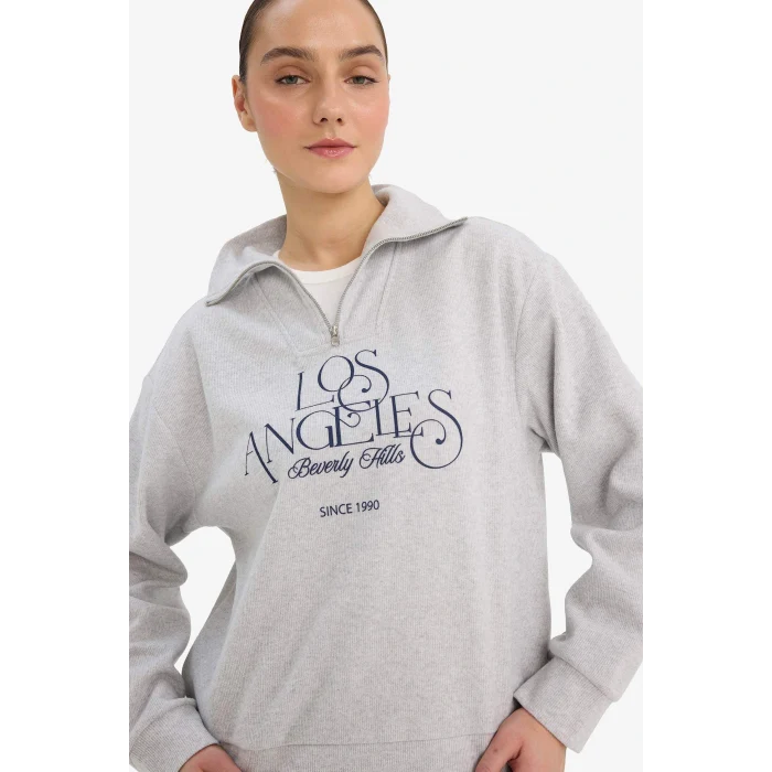 Defacto G6692AXGR93 Gri Regular Fit Yarım Fermuarlı Baskılı Sweatshirt