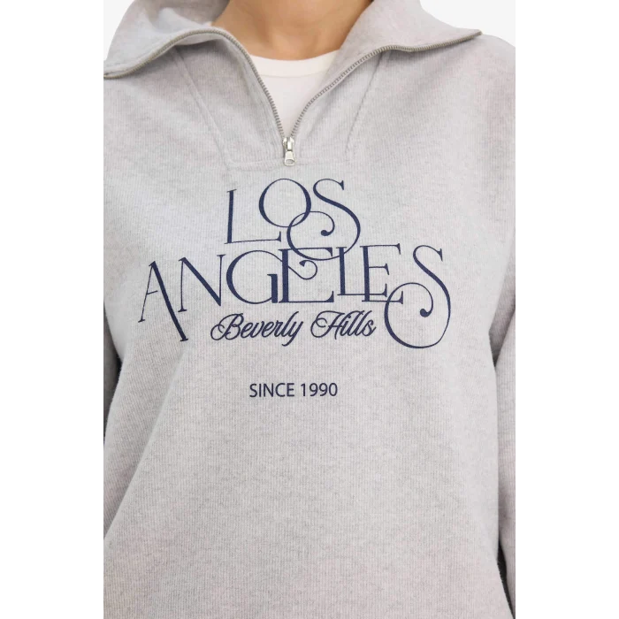 Defacto G6692AXGR93 Gri Regular Fit Yarım Fermuarlı Baskılı Sweatshirt