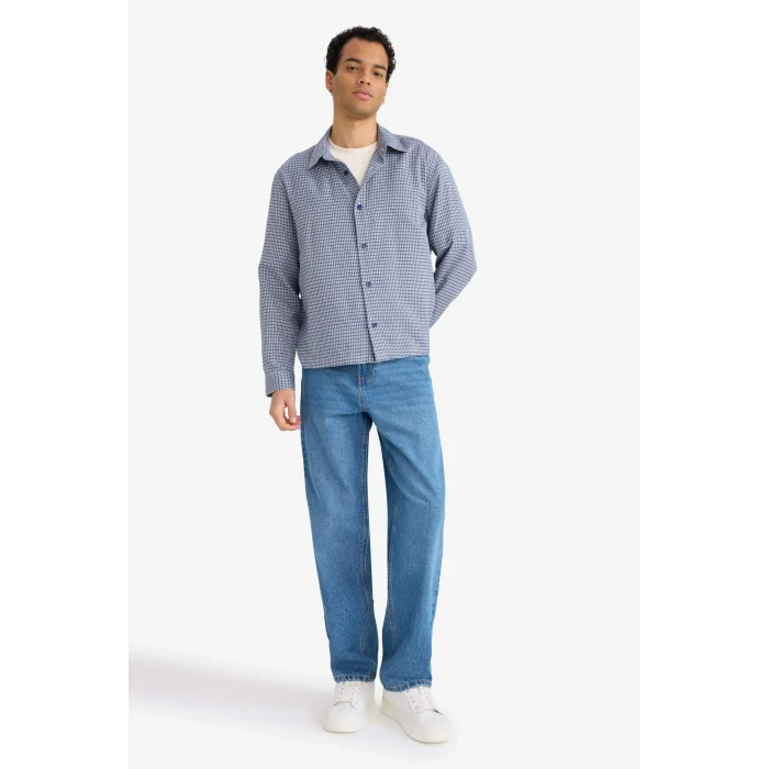 Defacto G6417AXPR469 Mor Boxy Fit Kareli Dokuma Uzun Kollu Gömlek