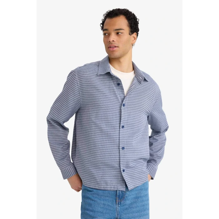 Defacto G6417AXPR469 Mor Boxy Fit Kareli Dokuma Uzun Kollu Gömlek