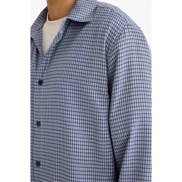 Defacto G6417AXPR469 Mor Boxy Fit Kareli Dokuma Uzun Kollu Gömlek