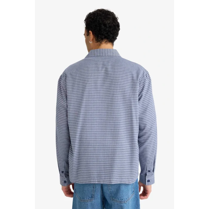 Defacto G6417AXPR469 Mor Boxy Fit Kareli Dokuma Uzun Kollu Gömlek