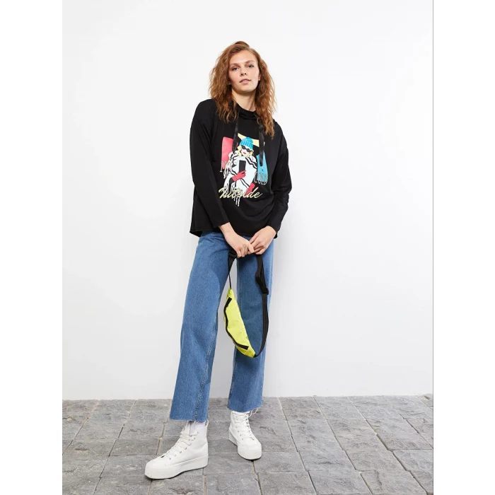 LCW Vision Siyah Kapüşonlu Baskılı Uzun Kollu Kadın Sweatshirt