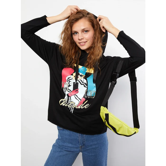 LCW Vision Siyah Kapüşonlu Baskılı Uzun Kollu Kadın Sweatshirt