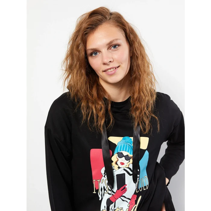 LCW Vision Siyah Kapüşonlu Baskılı Uzun Kollu Kadın Sweatshirt