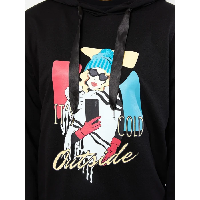 LCW Vision Siyah Kapüşonlu Baskılı Uzun Kollu Kadın Sweatshirt