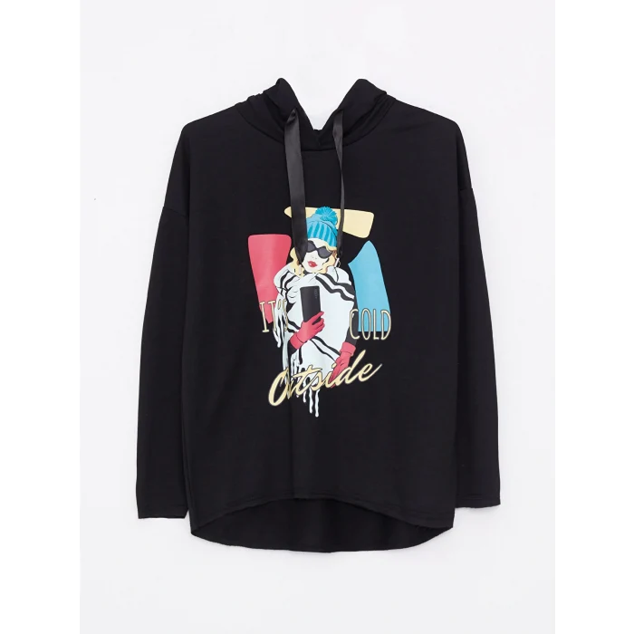 LCW Vision Siyah Kapüşonlu Baskılı Uzun Kollu Kadın Sweatshirt