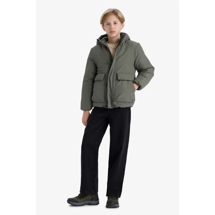 Defacto E7386A8KH450 Haki Erkek Çocuk Su İtici Kapüşonlu Fermuarlı Şişme Mont