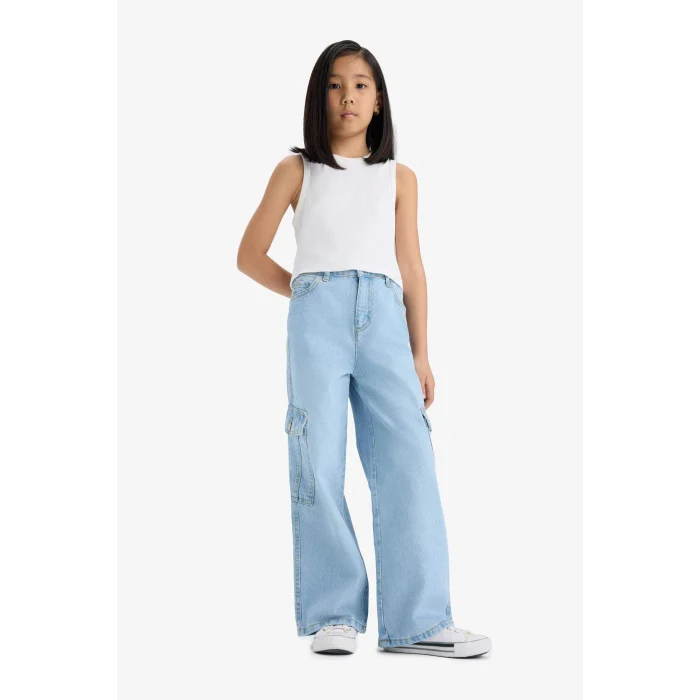 Defacto E5879A8NM39 Mavi Kız Çocuk Wide Leg Kargo Geniş Paça Jean Pantolon