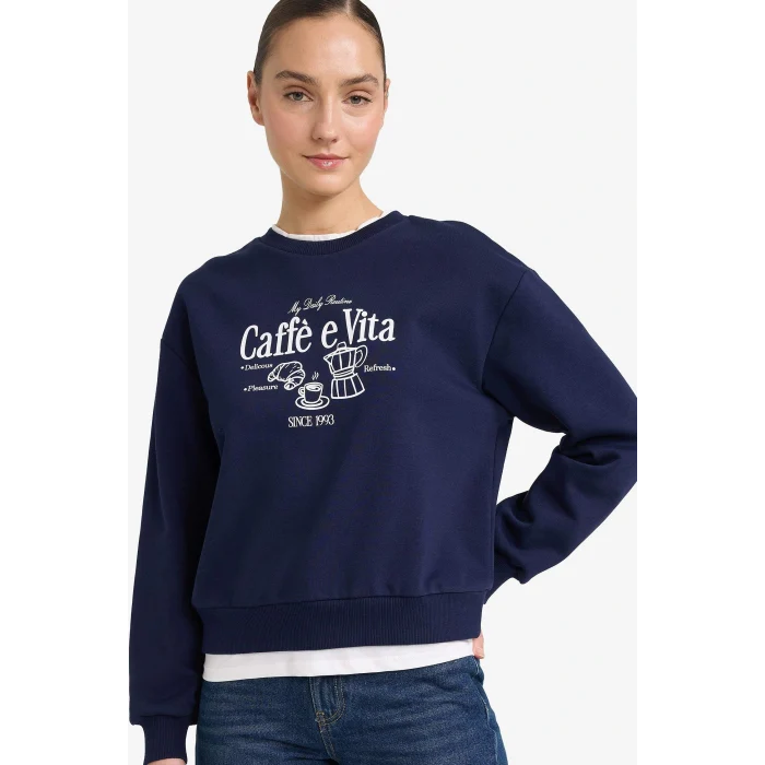 Defacto G6298AXNV251 Lacivert Relax Fit Bisiklet Yaka Baskılı Kalın Sweatshirt