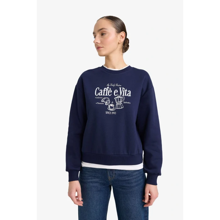 Defacto G6298AXNV251 Lacivert Relax Fit Bisiklet Yaka Baskılı Kalın Sweatshirt