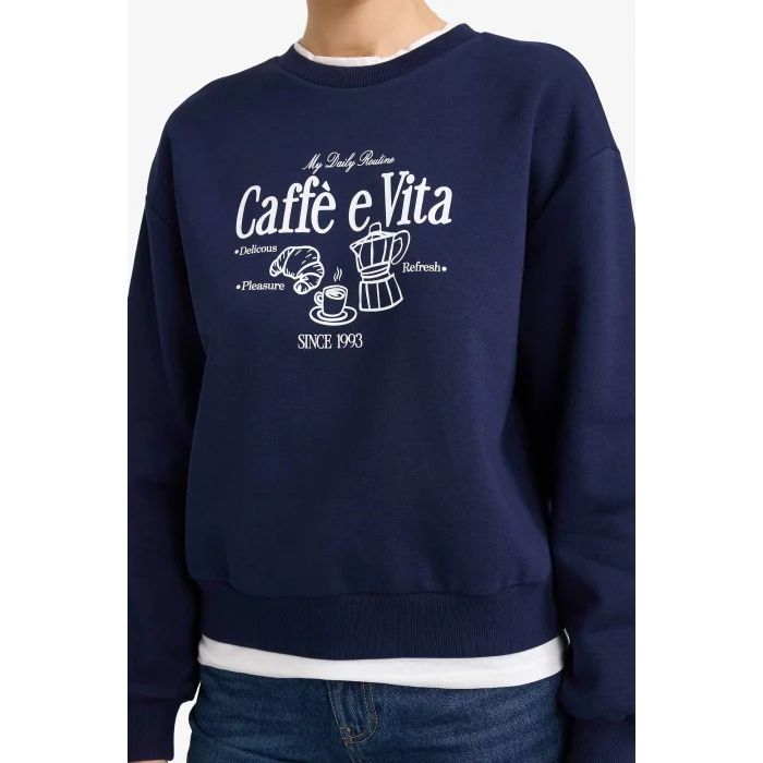 Defacto G6298AXNV251 Lacivert Relax Fit Bisiklet Yaka Baskılı Kalın Sweatshirt