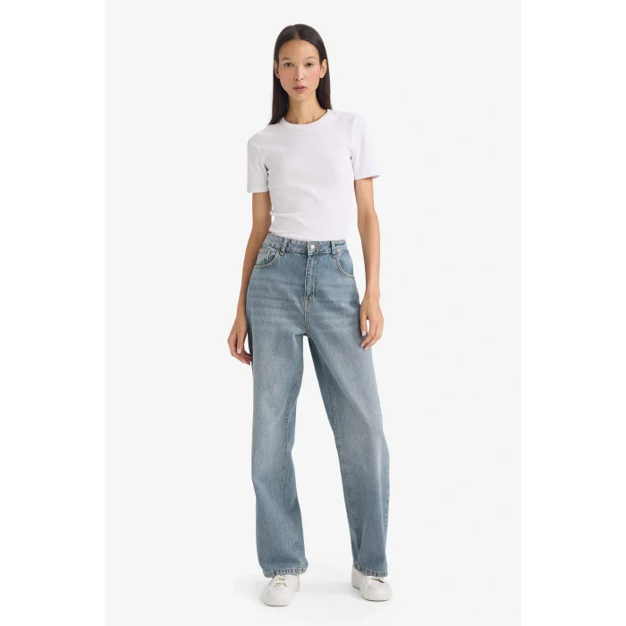 Defacto G1404AXNM28 Mavi 90s Wide Leg Yüksek Bel Uzun Jean Yıkamalı Pantolon