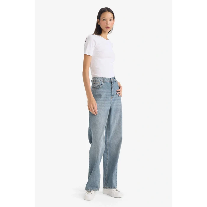 Defacto G1404AXNM28 Mavi 90s Wide Leg Yüksek Bel Uzun Jean Yıkamalı Pantolon