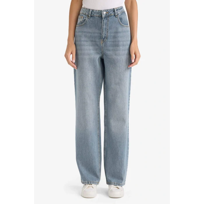 Defacto G1404AXNM28 Mavi 90s Wide Leg Yüksek Bel Uzun Jean Yıkamalı Pantolon