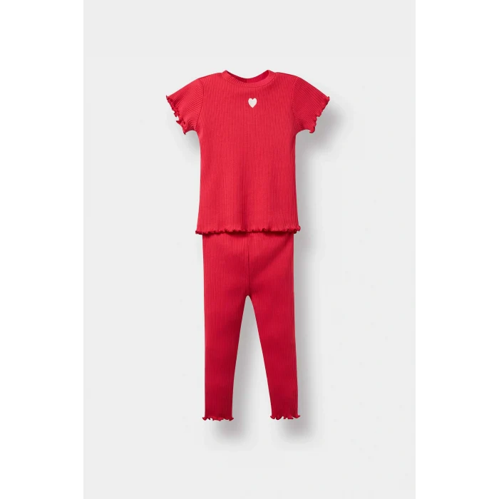 Defacto F3522A5RD70 Kırmızı Kız Bebek 2li Takım Kalpli Fitilli Kaşkorse Kısa Kollu Tişört Tayt
