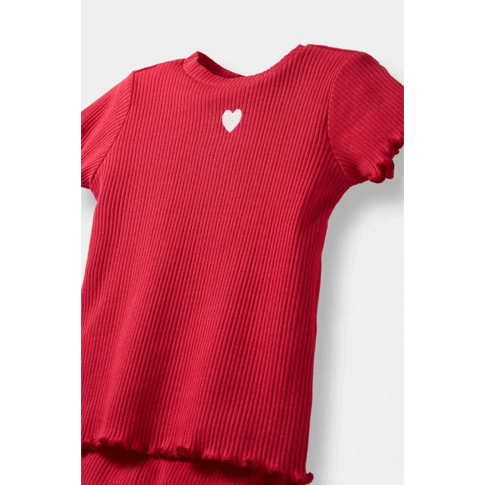 Defacto F3522A5RD70 Kırmızı Kız Bebek 2li Takım Kalpli Fitilli Kaşkorse Kısa Kollu Tişört Tayt