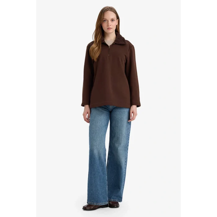 Defacto G3853AXBN341 Kahve Regular Fit Fermuarlı Yaka İçi Yumuşak Tüylü Kalın Sweatshirt Tunik