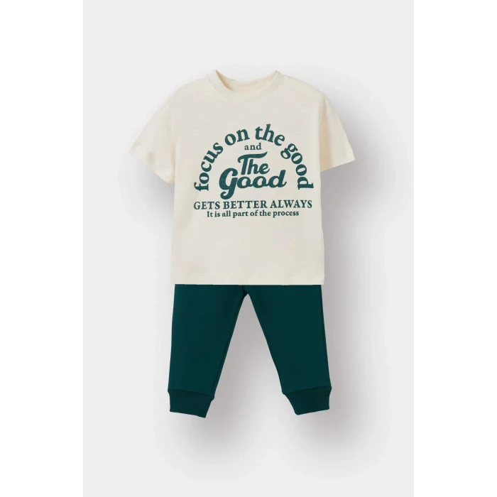 Defacto F3476A5GN671 Yeşil Erkek Bebek 2li Takım Baskılı Okul Kısa Kollu Tişört Eşofman Altı