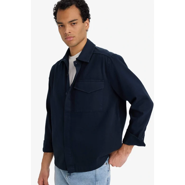 Defacto F7124AXNV64 Lacivert Boxy Fit Polo Yaka Twill Uzun Kollu Gömlek