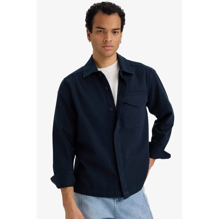 Defacto F7124AXNV64 Lacivert Boxy Fit Polo Yaka Twill Uzun Kollu Gömlek