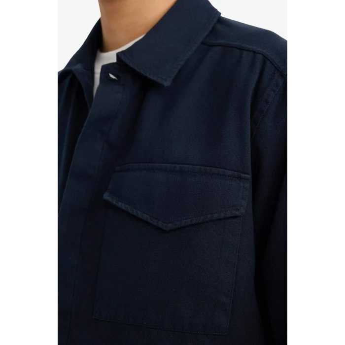 Defacto F7124AXNV64 Lacivert Boxy Fit Polo Yaka Twill Uzun Kollu Gömlek