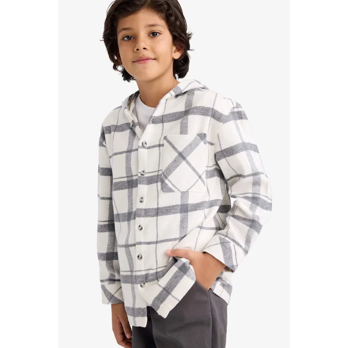 Defacto G4674A8ER233 Ekru Erkek Çocuk 2li Takım Kapüşonlu Kareli Gömlek Pantolon